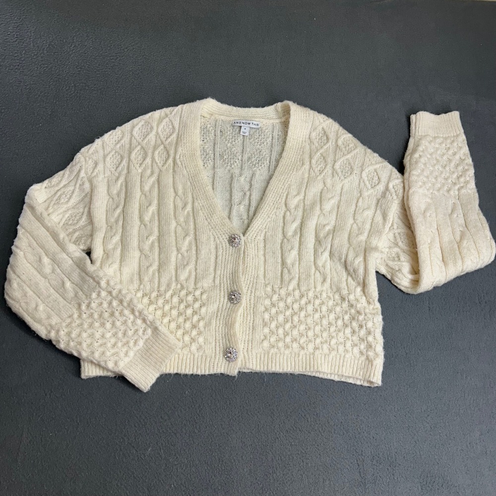 AND NOW THIS Cardigan Women M Cream Cable Knit Rhinestone Button Cropped Sweater
